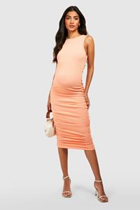Boohoo Maternity Crinkle Rib Ruched Racer Neck Bodycon Dress, Coral