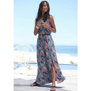 s.Oliver RED LABEL Beachwear Maxi-jurk met stippenprint en split, zachte jersey jurk, zomerjurk