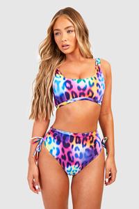 Boohoo Luipaardprint Long Line Bikini Top Met Lage Ronde Hals, Purple