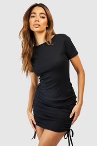 Boohoo Rouched Detail Ribbed Mini Bodycon Dress, Black