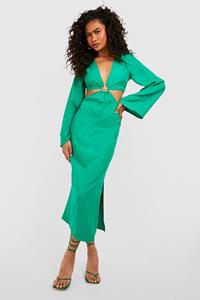 Boohoo Shell Trim Linen Flare Sleeve Midaxi Dress, Bright Green