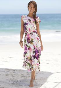 Beachtime Midi-jurk met bloemenprint en elastische tailleband, zomerjurk, strandjurk