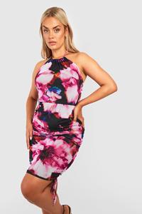 Boohoo Plus Floral Mesh Ruched Bodycon Dress, Pink