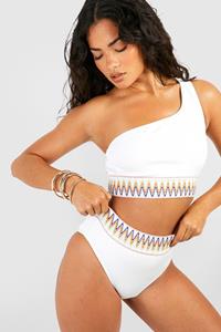 Boohoo Geribbelde Aztec Bikini Top Met Eén Blote Schouder, White