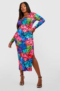 Boohoo Plus Slinky Floral Tie Front Midaxi Dress, Purple