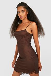 Boohoo Mesh Pointed Hem Mini Dress, Brown