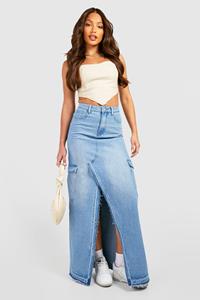 Boohoo Tall Gerafelde Cargo Cargo Maxi Spijkerrok Met Split, Vintage Blue