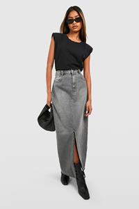 Boohoo Maxi Spijkerrok Met Split, Mid Grey