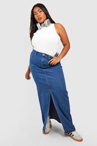 Boohoo Plus Maxi Spijkerrok Met Split, Mid Blue