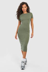 Boohoo Gebleekte Geribbelde Midi Jurk Met Korte Mouwen, Khaki