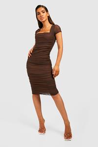 Boohoo Geplooide Mesh Bodycon Midi Jurk Met Korte Mouwen, Chocolate