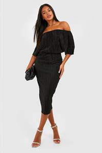 Boohoo Plisse Off Shoulder Midi Jurk, Black