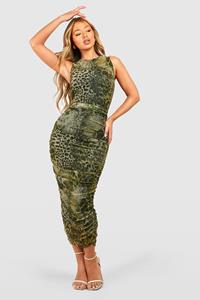 Boohoo Mesh Dierenprint Midaxi Jurk Met Ruches, Khaki