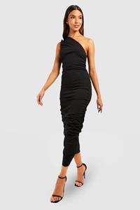 Boohoo Asymmetrische Midaxi Jurk Met Ruches, Black