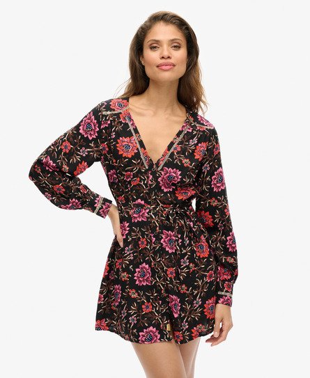 Superdry Vrouwen Mini-jurk met V-hals en Print Zwart