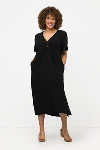 Ulla Popken Jerseykleid Midikleid Punkte V-Ausschnitt Rüschensaum Langarm