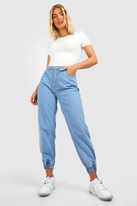 Boohoo Denim Basic Boyfriend Joggingbroek Met Hoge Taille, Light Wash