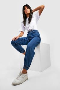 Boohoo Denim Basic Boyfriend Joggingbroek Met Hoge Taille, Mid Wash