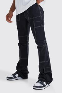 Boohoo Slim Fit Flared Cargo Broek Met Contrasterende Stiksels, Elastische Taille, Black