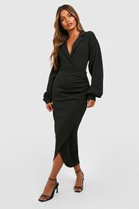 Boohoo Crêpe Midaxi Wikkelblouse Jurk Met Volle Mouwen, Black