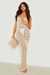 Boohoo Gehaakte Strand Jurk Met Geribbelde Zoom En Lage Ronde Hals, Cream