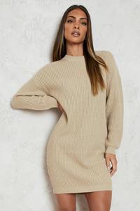 Boohoo Mini Trui Jurk Met Crewneck, Stone