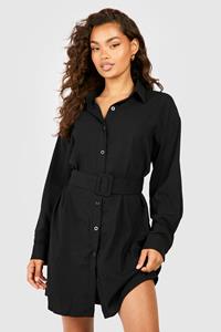 Boohoo Blouse Jurk Met Lange Mouwen, Knopen En Ceintuur, Black