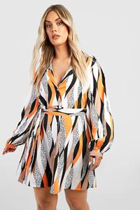 Boohoo Plus Blouse Jurk Met Print, Black