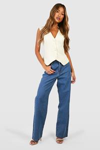 Boohoo Basic High Waist Boyfriend Jeans, Mid Blue