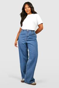 Boohoo Plus Basic High Waist Boyfriend Jeans, Mid Blue