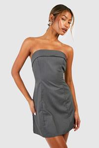 Getailleerde Strapless Mini Jurk Met Krijtstrepen, Grey