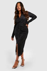 Boohoo Plus Geplooide Plisse Midi Blouse Jurk, Black