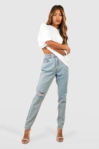 Boohoo Gescheurde Basic Mom Jeans Met Hoge Taille, Washed Blue