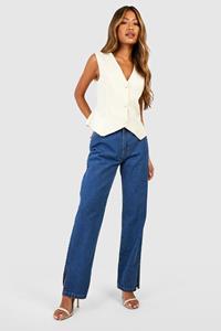 Boohoo Basic Jeans Met Hoge Taille, Split En Rechte Pijpen, Washed Indigo