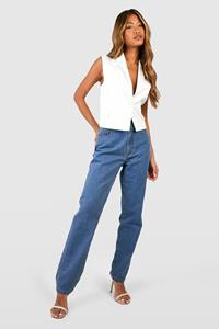 Boohoo Basic Jeans Met Hoge Taille En Rechte Pijpen, Mid Blue