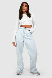 Boohoo Plus Basic High Waist Jeans Met Split En Rechte Pijpen, Bleach Wash