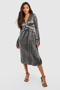 Boohoo Plisse Metallic Midi Skater Jurk Met Ruches, Black