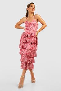 Boohoo Chiffon Bloemen Midi Jurk Met Laagjes En Bandjes, Pink