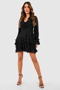 Boohoo Skater Jurk Met Geplooide Taille En Ruches, Black