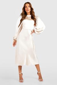 Boohoo Satijnen Midi Jurk Met Hoge Hals En Ballonmouwen, Champagne