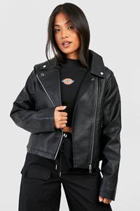 Boohoo Petite Nepleren Biker Jas, Black