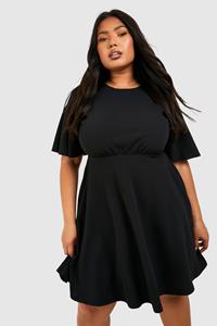 Plus Geplooide Skater Jurk Met Engelenmouwen, Black