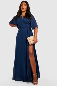 Boohoo Plus Bruidsmeisjes Wikkeljurk Met Engelenmouwen, Navy
