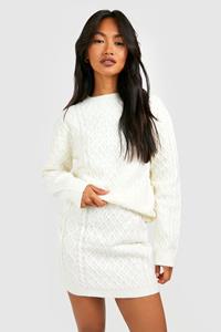 Boohoo Grof Gebreide Trui En Mini Rokje Set, Cream