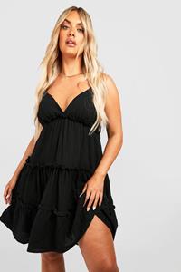 Boohoo Plus Zonnejurk Met Ruches En Bandjes, Black