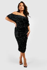 Boohoo Plus Glitter Off Shoulder Midi Jurk Met Pailletten, Black