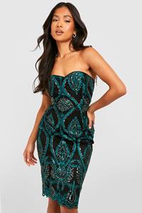 Boohoo Petite Strapless Damast Glitter Midi Jurk Met Pailletten, Teal