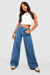 Boohoo Petite Basic Wide Leg Jeans, Mid Blue