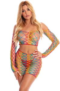 pinklipstick Pink Lipstick - Visnet regenboog off shoulder top met rok - One size