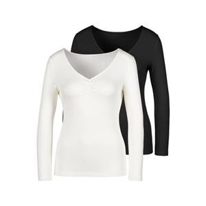 LASCANA Langarmshirt "Rippshirt", (2er-Pack), mit V-Ausschnitt und kleiner Raffung